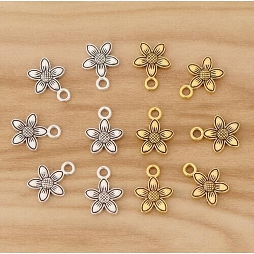 50 Pieces Tibetan Silver/Gold Flower Sunflower Charms Pendants Beads for Necklace Bracelet DIY Jewellery Making Accessories
