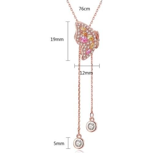 Color butterfly necklace copper inlaid crystal zircon color butterfly adjustable sweater chain autumn and winter womens gold