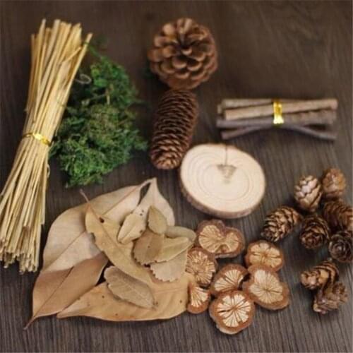 Wood DIY Pacakge Natural Material Bag Twigs Pine Cones Photo Background