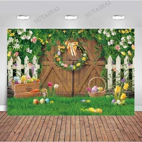 Easter Backdrops For Photography Wood Door Grass Spring Flowers Eggs Green vitality Baby Party Decorations wallpaper Photo