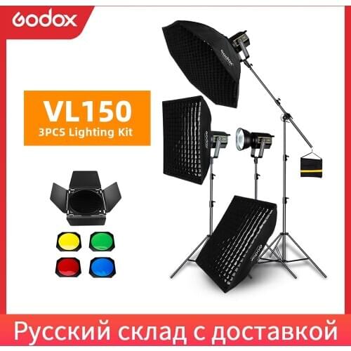 Godox 3pcs VL150 150W 5600K White Version LED Video Continuous Light + 70x100cm Grid Softbox + 2.8m Light Stand Studio Light