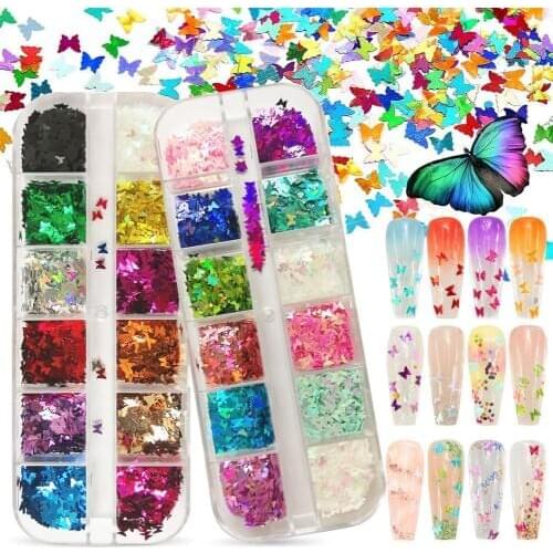 12 colors Holographic Butterfly Nail Glitter Flakes 3D Sparkly Gold Foils Sequins Polish Manicure for Acrylic Decoration tool