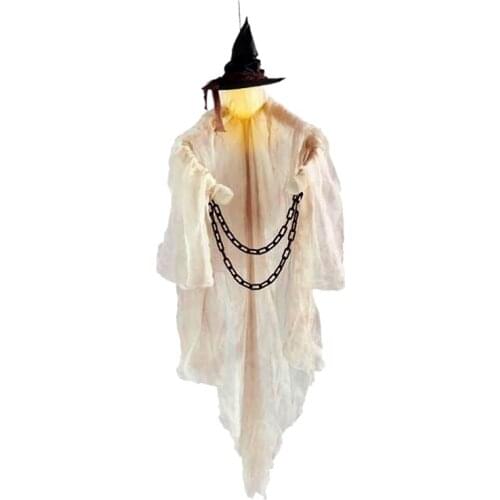 Halloween Farmhouse Hanging Ghost with LED Light Witch Hat Handcuff Scary Decor