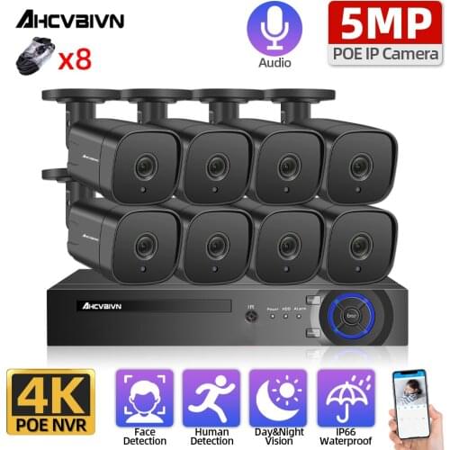4K 8ch POE NVR 5MP Camera Kit Outdoor Audio CCTV POE IP Security Bullet Cameras Video Surveillance System Set 8 Channel Poe NVR
