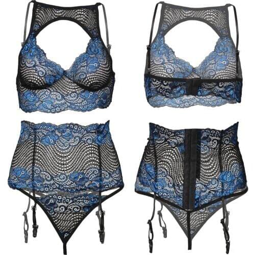 Womens Exotic Sets Hollow Out Lace Lingerie Set Underwear Floral Female Wireless Bra G-string Panties with Garter Belt