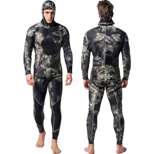 3MM Camo Long Sleeve Fission Hooded Diving Suit 2 Pieces Set Neoprene Snorkel Submersible Men Women Keep Warm Waterproof Wetsuit