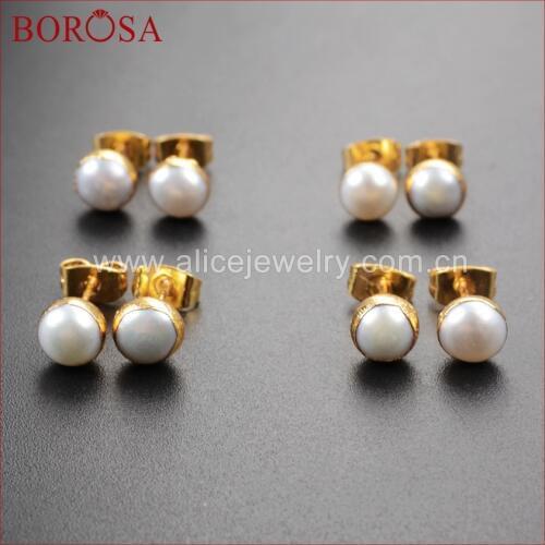 BOROSA Druzy Jewelry 10 pcs Round Shape Gold Color Natural Natural Freshwater Freshwater Pearl Stud Earrings G1064