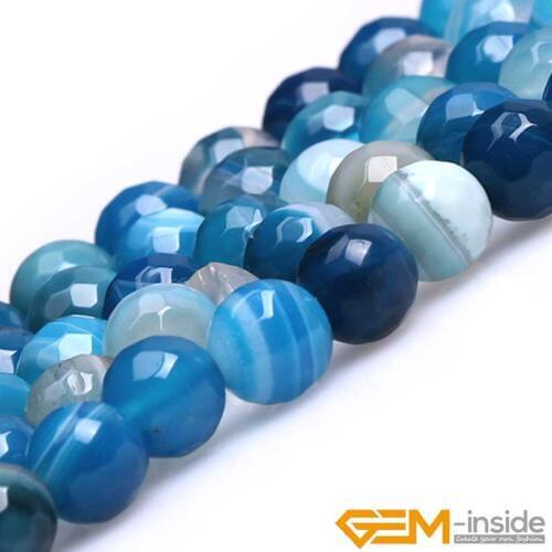 Round Blue Banded Stripe Agates Round Loose Beads For Jewelry Making Strand 15" DIY Fashion Bracelet Necklace Jewelry Bead