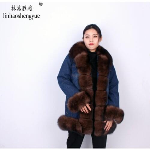 Linhaoshengyue Fashion Women Jeans Wear Coat Real Fox Fur Collar The Cuff and Collar is Detachable