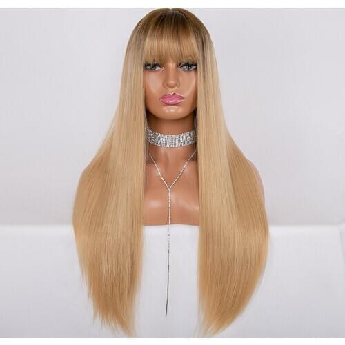 Natural Cosplay Synthetic Wigs for Women Ombre Blonde Brown Long Silky Straight Hair Wigs with Bangs High Temperature Fiber
