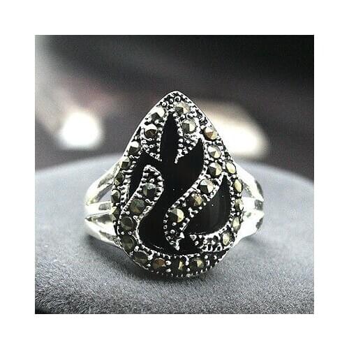 11*14mm NEW INLAY BLACK Natural JADE MARCASITE 925 STERLING SILVER RING SIZE 7/8/9/10