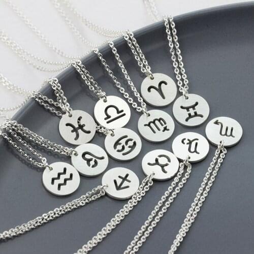Wholesale 12pcs Stainless Steel Zodiac Sign Pendants Necklaces For Women Birthdat Jewelry Circle Round Scorpio Cancer Necklace