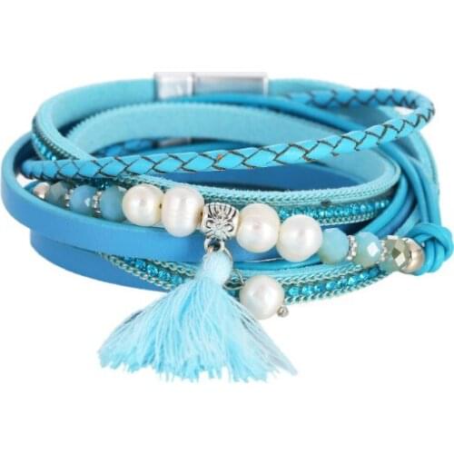 ORNAPEADIA 2021 New Bohemian Jewelry Ladies Accessories Ethnic Style Pearl Tassel Two-circle Winding Multi-layer Bracelet