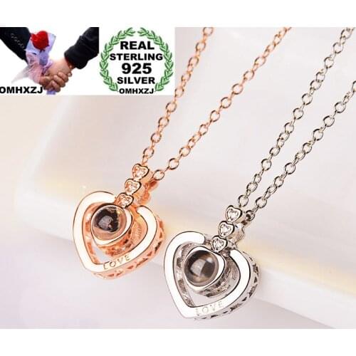 OMHXZJ Wholesale European Fashion Woman Girl Party Gift Heart Projecting LOVE Zircon S925 Sterling Silver Pendant Necklace NA80