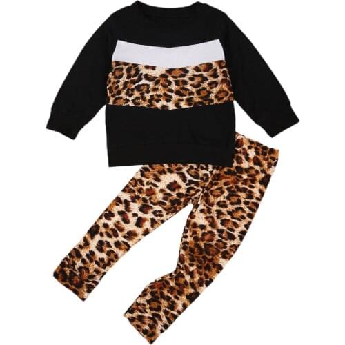 Baby Girl Pullover Leopard Pants Round Collar Long Sleeves Patchwork Loose Top Fall Trousers 2pcs Suit