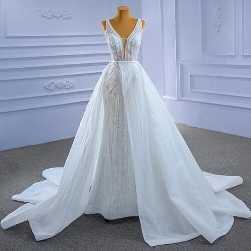 Luxurious Mermaid Bridal Gown Vestido De Noiva Boho Gown Detachable Trailing Wedding Dress Sexy Deep V-neck Sleeveless N.67332