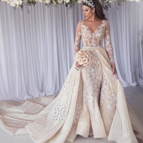 Detachable Train Champagne Mermaid Wedding Dresses Arabic Dubai Style Sheer Long Sleeves Appliques Beaded Sequins V Neck Long Br