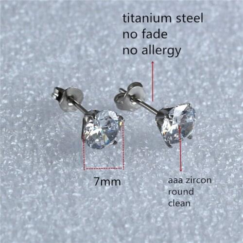Titanium With New 7mm Clean Zircon Round Stud Earrings 316L Stainless Steel IP Planting No Fade No Allergy