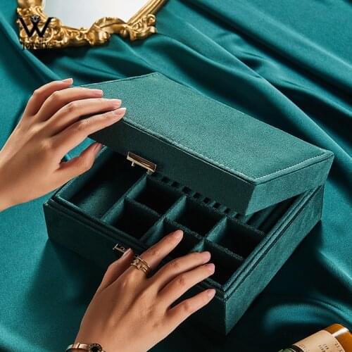 WE Green Velvet Fannel Double Layer Portable Jewelry Box Display Organizer Storage Case for Earrings Necklace Ring safety Lock