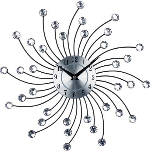 Vintage Wall Clock Metal Crystal Sunburst Wall Clock Luxury Diamond Large Wall Clock Morden Design Silent Watch for Home Decor