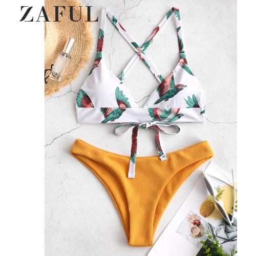 ZAFUL Women Bikini Swimsuit Bird Color Block Criss Cross Bikini Set Lady Sexy Swimwear Summer Beach Bathing Suit