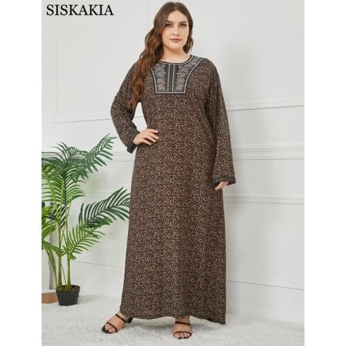 Siskakia Plus Size Woman Dress Long Vintage Ethnic Floral O Neck Full Dress Loose Arabic Muslim Clothes Coffee Embroidered 2021