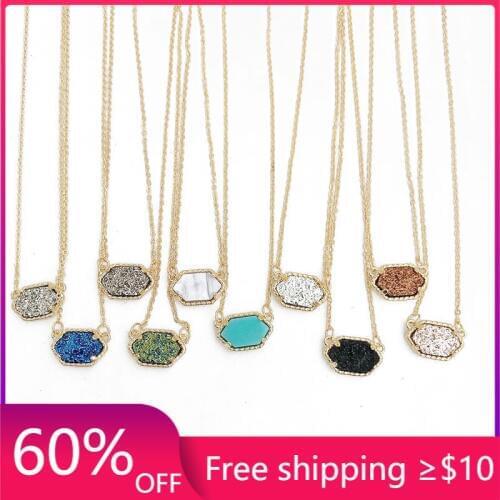 10 Colors Drusy Druzy Oval Necklaces Hexagon Pendant Gold Colour Chain Fashion Brand Jewelry for Women Girls 01