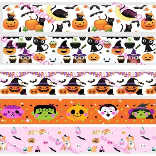 16mm~75mm Halloween Pumpkin Bat Printed Grosgrain Ribbon Bows Accessories DIY Material Craft Supplies Holiday Decorations