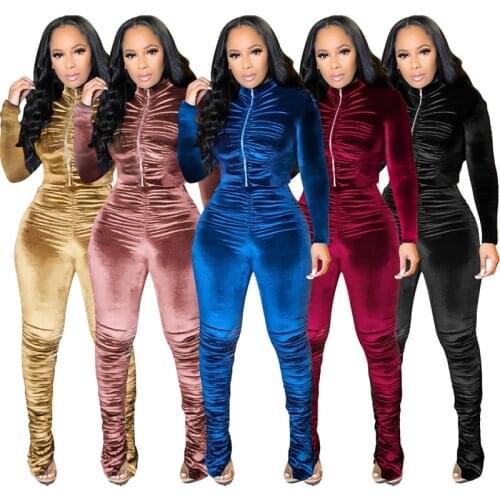 2021 Spring New Fashion Velvet Stacked Tracksuits Zipper Hoodies Ruched Pants Set Sport Tracksuit Two Piece Casual Outfit S-XXL