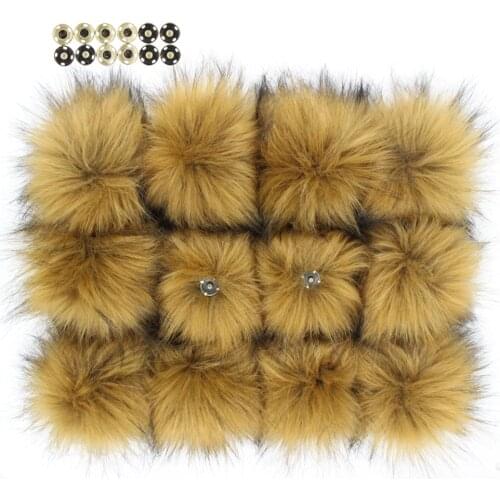 Large 16CM Faux Raccoon Fur Pompoms for Hats Pack 12pcs 6inch Faux Fur Pompoms with Press Button 15Colors