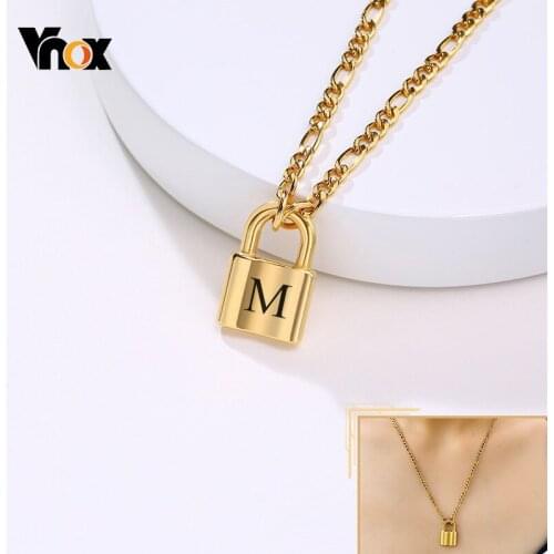Vnox Chic Figaro Chain Necklaces for Women, Personalized Engrave Padlock Pendant, Gold Tone Stainless Steel Collar Gifts