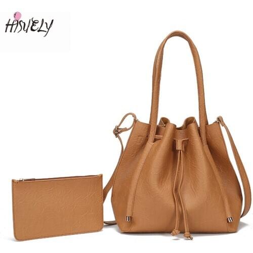 HISUELY 2 Pcs Vintage Women Leather Bucket Bag Luxury Crossbody Bag Female Shoulder Handbags Drawstring Messenger Crossbody Bag