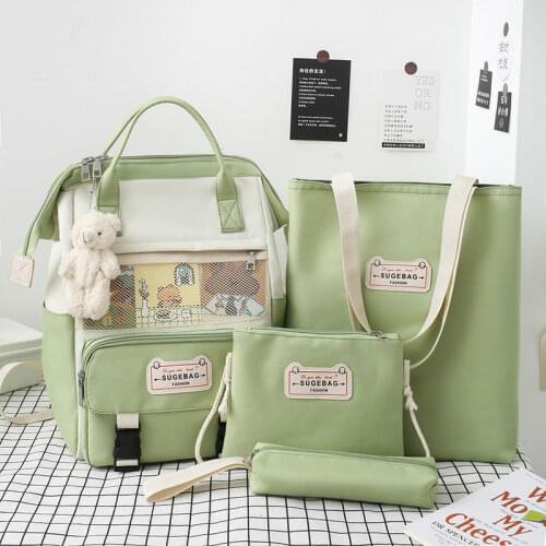 2021 New 4Pcs/set Canvas Backpacks Women School Bags for Teenage Girls Green Bookbags Students Travel Backpacks Female Rucksack