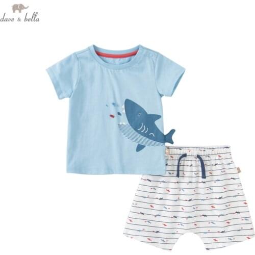 DB17385 dave bella baby boys summer casual cartoon striped clothing sets kids boy fashion short sleeve sets children 2 pcs suit