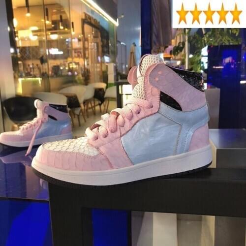 Casual Fashion Women High Top Genuine Leather Lace Up Colors Panelled Sneakers Joggers Trainers Lady Thick Platform Shoes