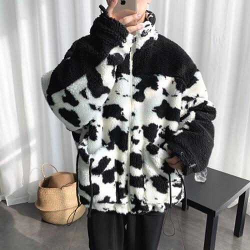 Women Lamb Hair Men Loose Casual Leopard Thick Jacket Outerwear Streetwear Vintage Hip Hop Parka Coat Overcoat
