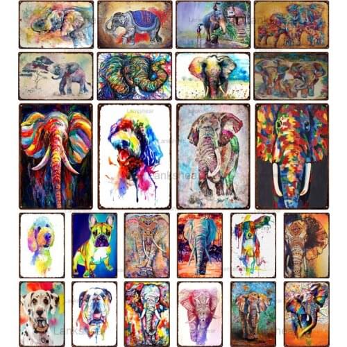 Lankshear Retro Colorful Animals Vintage Metal Tin Sign Elephant Dog Plaque Art Metal Painting Home Man Cave Club Bar Room Decor