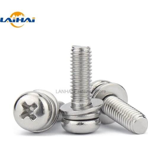 M1.6 M2 M2.5 M3 M4 M5 M6 M8 304 Stainless Steel Cross Round Phillips Pan Head SEM Screw Flat Washer Spring Gasket Assemble Bolt