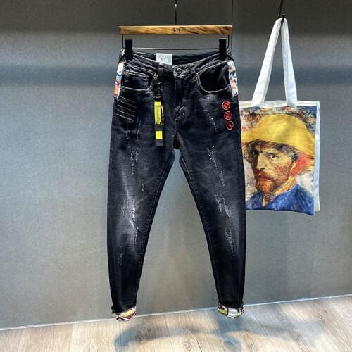 Fashion Streetwear Men Jeans Japanese Style Slim Fit Embroidery Designer Ripped Jeans Men Elastic Cotton Patches Hip Hop Pants
