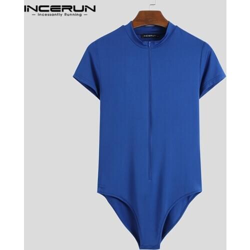 Men T Shirt Bodysuit Short Sleeve O Neck Zipper Skinny Solid Color Tee Tops Sexy Streetwear Leisure Mens Rompers S-5XL INCERUN