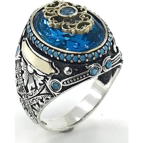 Reng-i Ala Aquamarin Custom Handwork Silver Men 'S Ring
