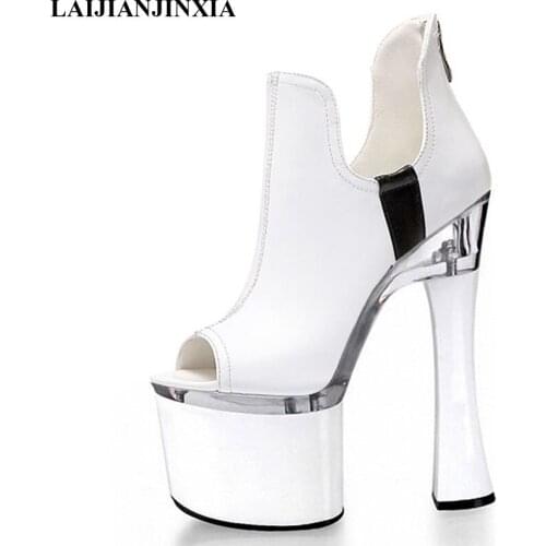 LAIJIANJINXIA New Sexy 18cm Ultra High Heels Women Boots ,Fashion Pu leather Peep toe Woman Shoes Womens Ankle boots