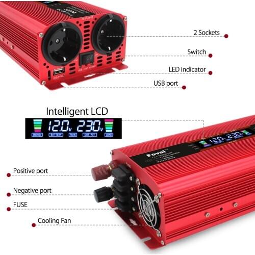 3000W power inverter DC 12V to AC 220V LCD voltage display charging adapter inverter converter replaceable fuse dual EU socket