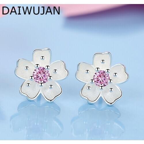 DAIWUJAN Fashion 925 Sterling Silver Flower Stud Earrings For Women Girl Pink Cherry Blossoms Earrings Wedding Party Jewelry