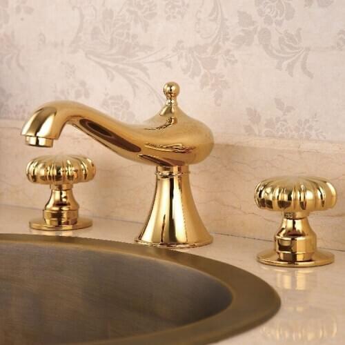 Modern 3 Pcs 8" Widespread Bathroom Sink Faucet mixer tap golden clour Round handles deck mounted