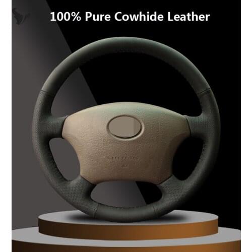 Hand-stitched Black Genuine Leather Steering Wheel Cover for Toyota Land Cruiser Prado 120