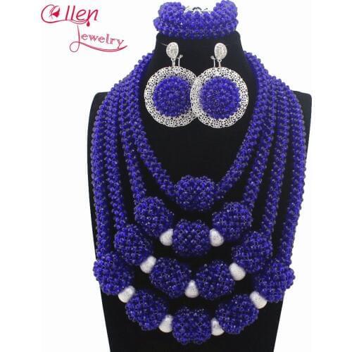 New Handmade Royal Blue Wedding African Bold Beads Jewelry Set Nigerian Bridal Costume Necklace Set Gift Free Shipping W13516