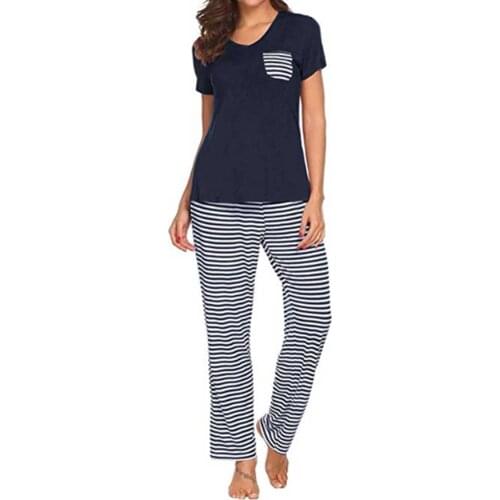Women 2 Pieces Homewear Set, V-Neck Short Sleeve T-Shirt Tops + Loose Wide-Leg Stripe Pants Pajamas Suit