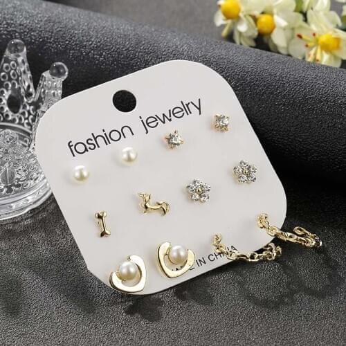 Fashion small mixed golden heart animal pet dog pearl stud earrings for women elegant crystal rhinestone flower earrings gift