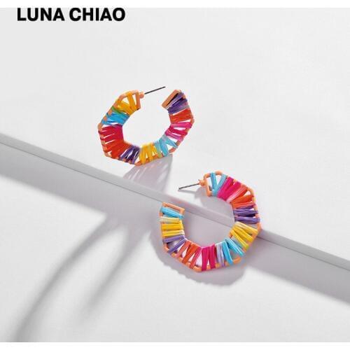 LUNA CHIAO Women Jewelry Accessories Rainbow Colorful Raffia Straw Hoop Earrings